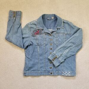Chicos Denim Blue Embroidered Distressed Heart Jean Jacket Womens Size 2 Large